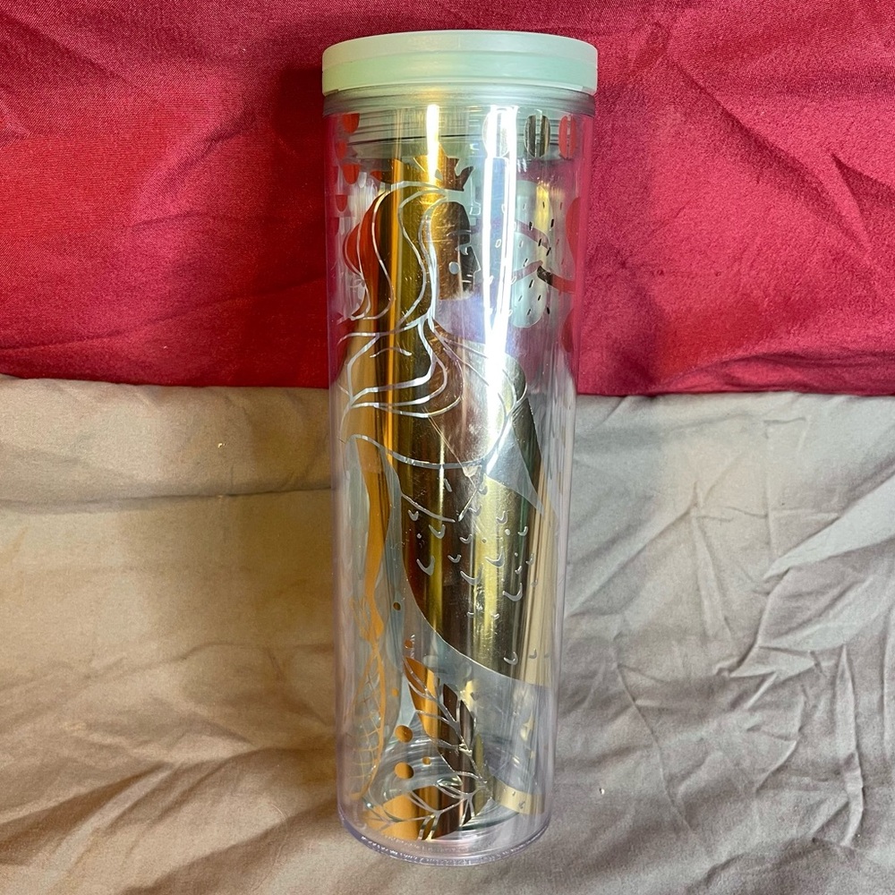2019 Starbucks Gold Mermaid Siren Clear Acrylic Cold Cup Tumbler W/Lid 16oz